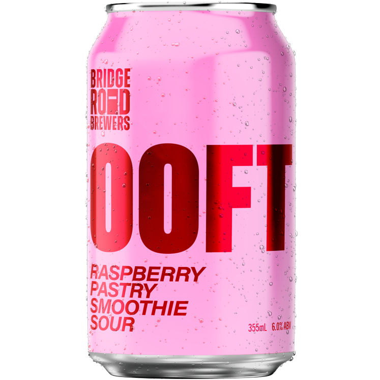 Pink can of Bridge Road Brewers DOFT Raspberry Pastry Smoothie Sour on a white background