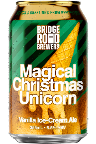 Can of 'Magical Christmas Unicorn' Vanilla Ice-Cream Ale by Bridge Road Brewers on a white background