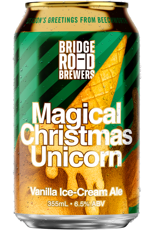 Can of 'Magical Christmas Unicorn' Vanilla Ice-Cream Ale by Bridge Road Brewers on a white background
